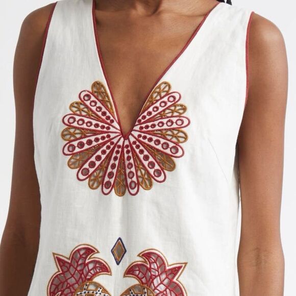 FARM Rio Mary's Tiles Embroidered Detail Linen White Midi Dress Size Small - Picture 5 of 14